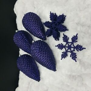 4 Navy Blue Sparkly Pine Cone & 8 Navy Blue Sparkly Snowflake Ornaments